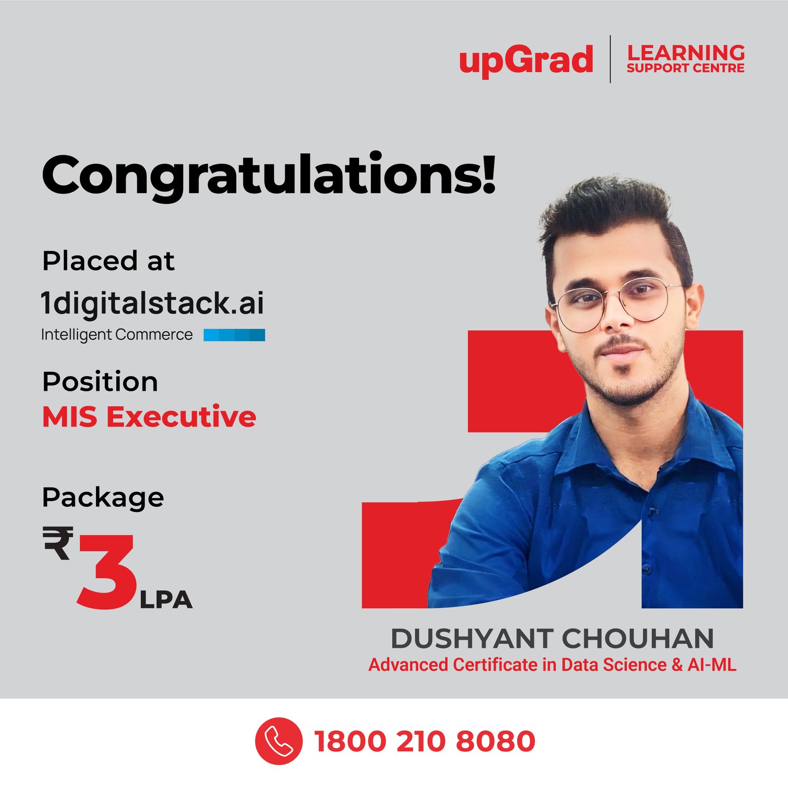 Dushyant Chouhan placed at 1digitalstack.ai as an MIS Executive with a package of 3 LPA